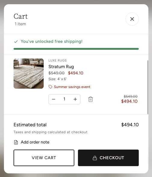 Cart Drawer slide-out panel showing cart items, free shipping progress bar, and checkout buttons