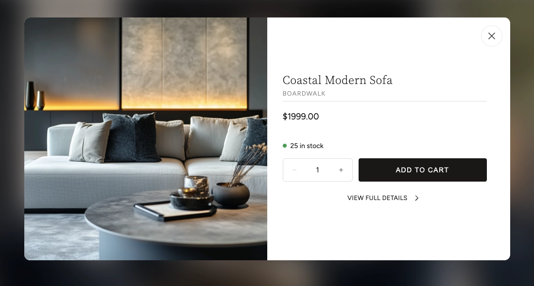 Quick View modal showing product image, price, stock level, quantity selector and Add to Cart button