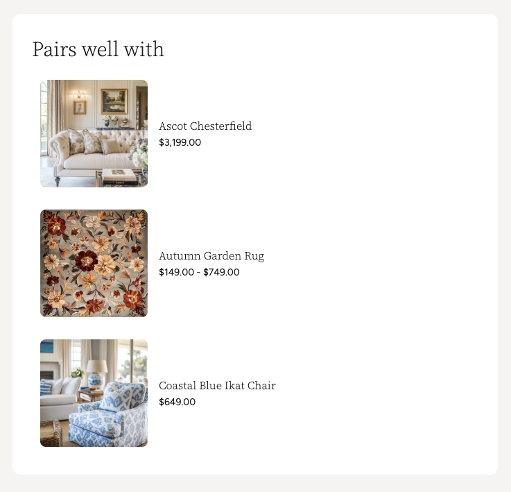 Complimentary products card showing items that pair well with the featured product