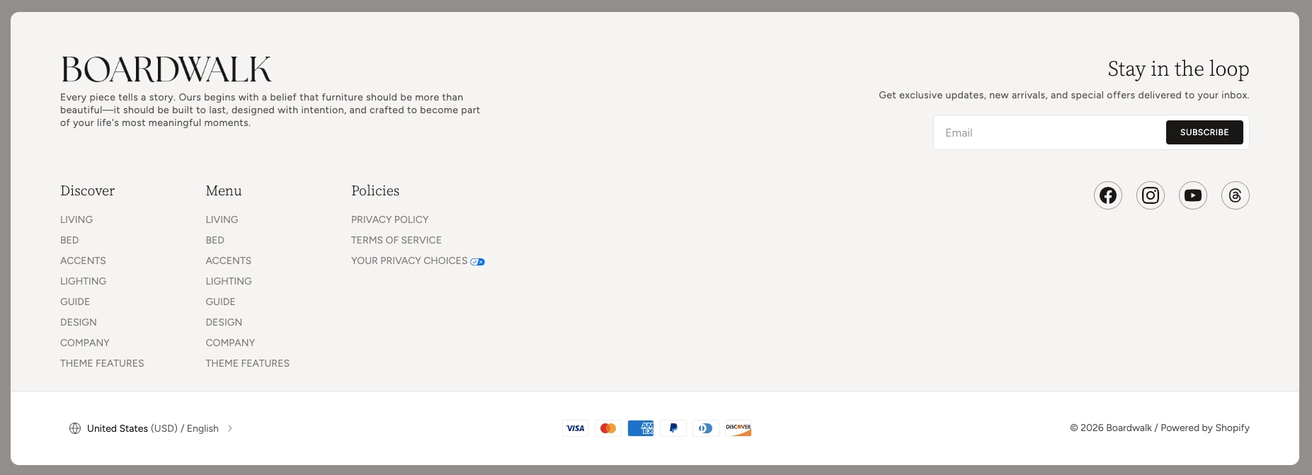 Footer section showing logo, navigation menus, newsletter sign-up, social links, and payment icons