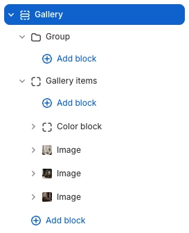 gallery items sidebar with color block and image blocks