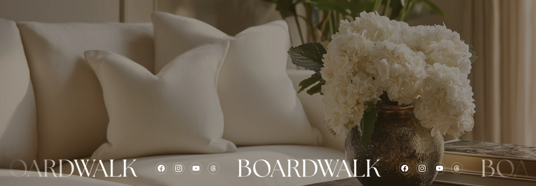 Hero section displaying a background image with text overlay and a scrolling marquee of social icons