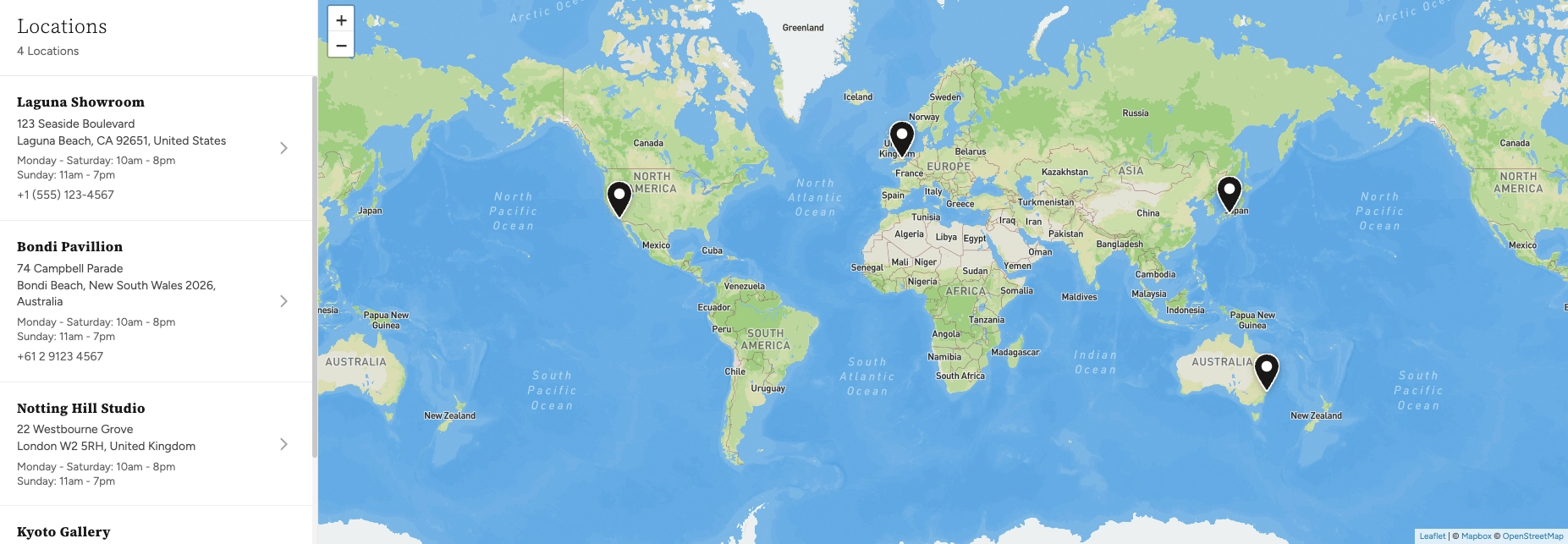 Map section showing a single location with address details, hours, and an interactive Mapbox map