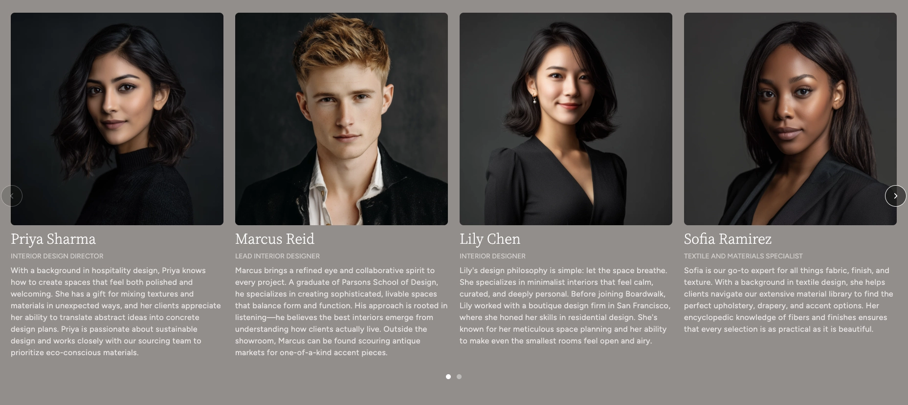 Multicolumn carousel section displaying team member profiles with photos and descriptions