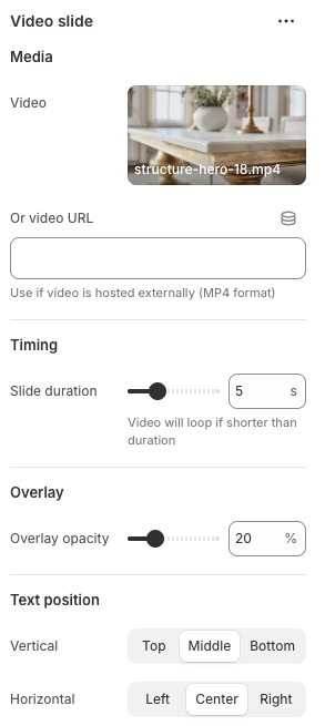 video slide settings panel