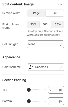 Split Content Image section settings panel