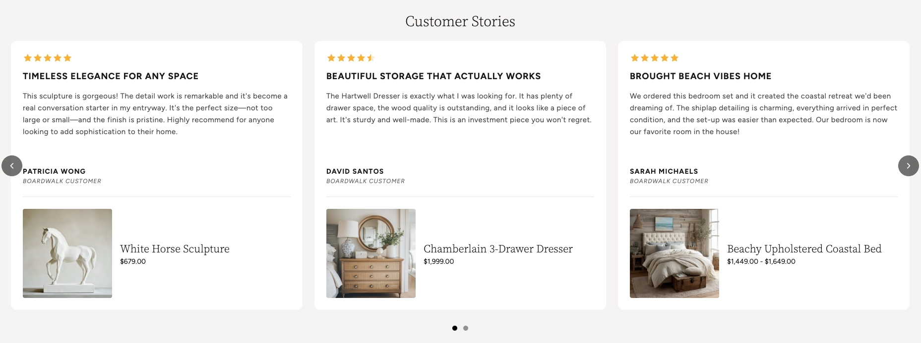 Testimonials section displaying product cards and reviews with stars