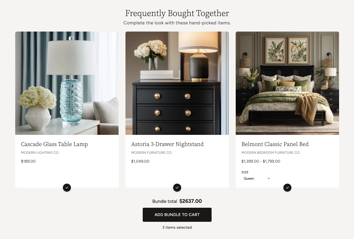 Product Bundle section showing three product cards with checkboxes, a bundle total, and an Add bundle to cart button