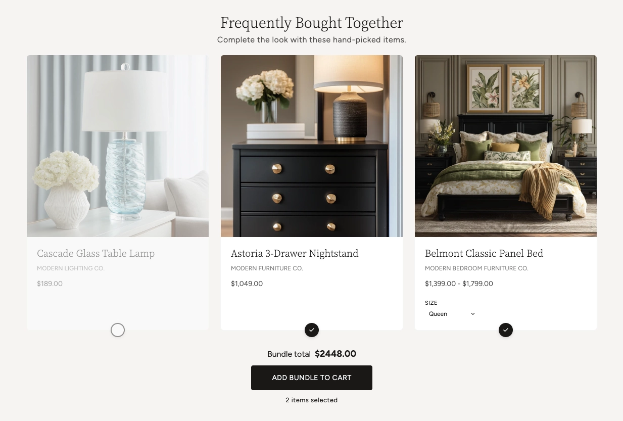 Theme Editor sidebar showing the Header group and the Product card blocks for the Product Bundle section