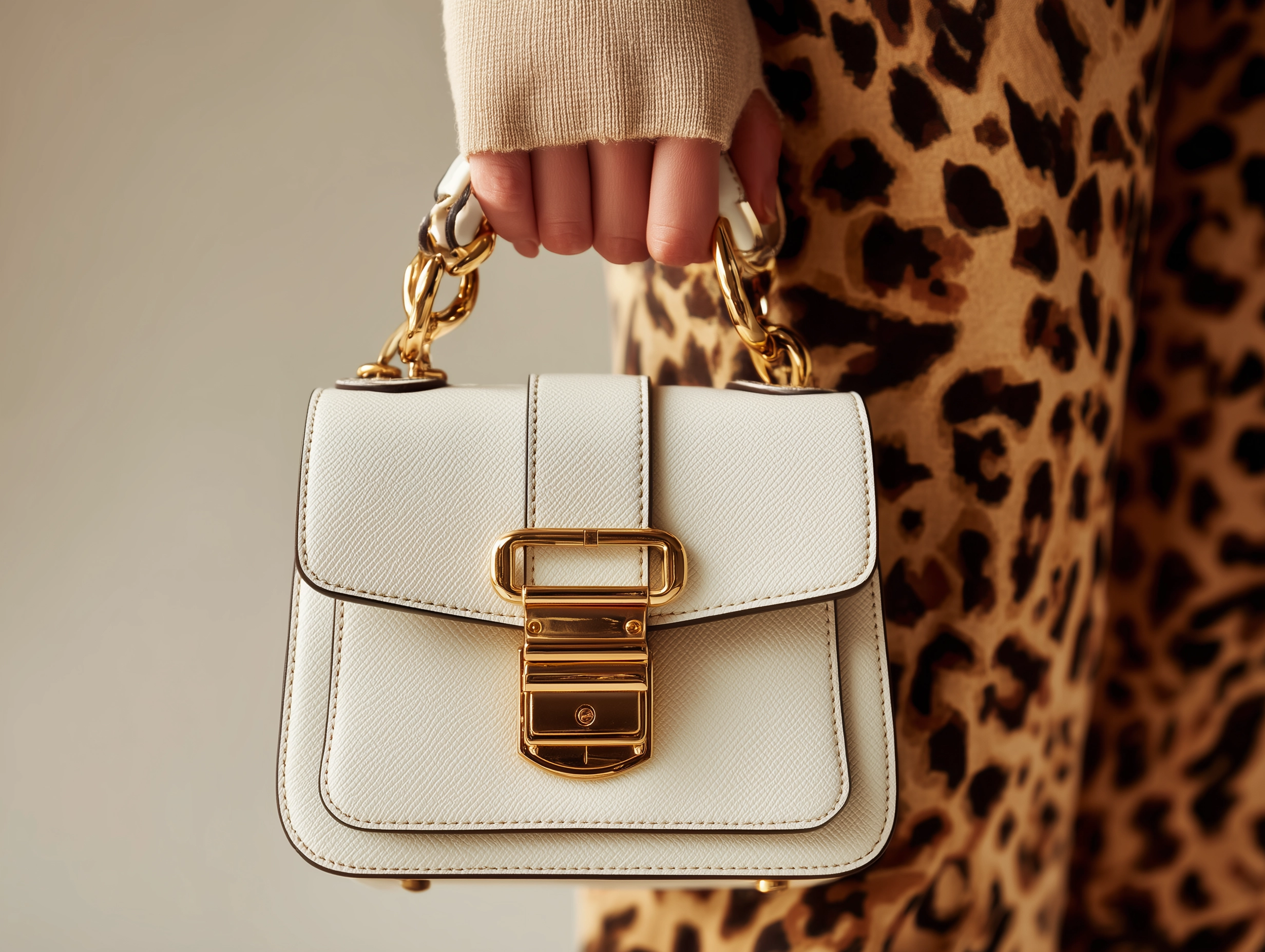 A woman holding a designer handbag