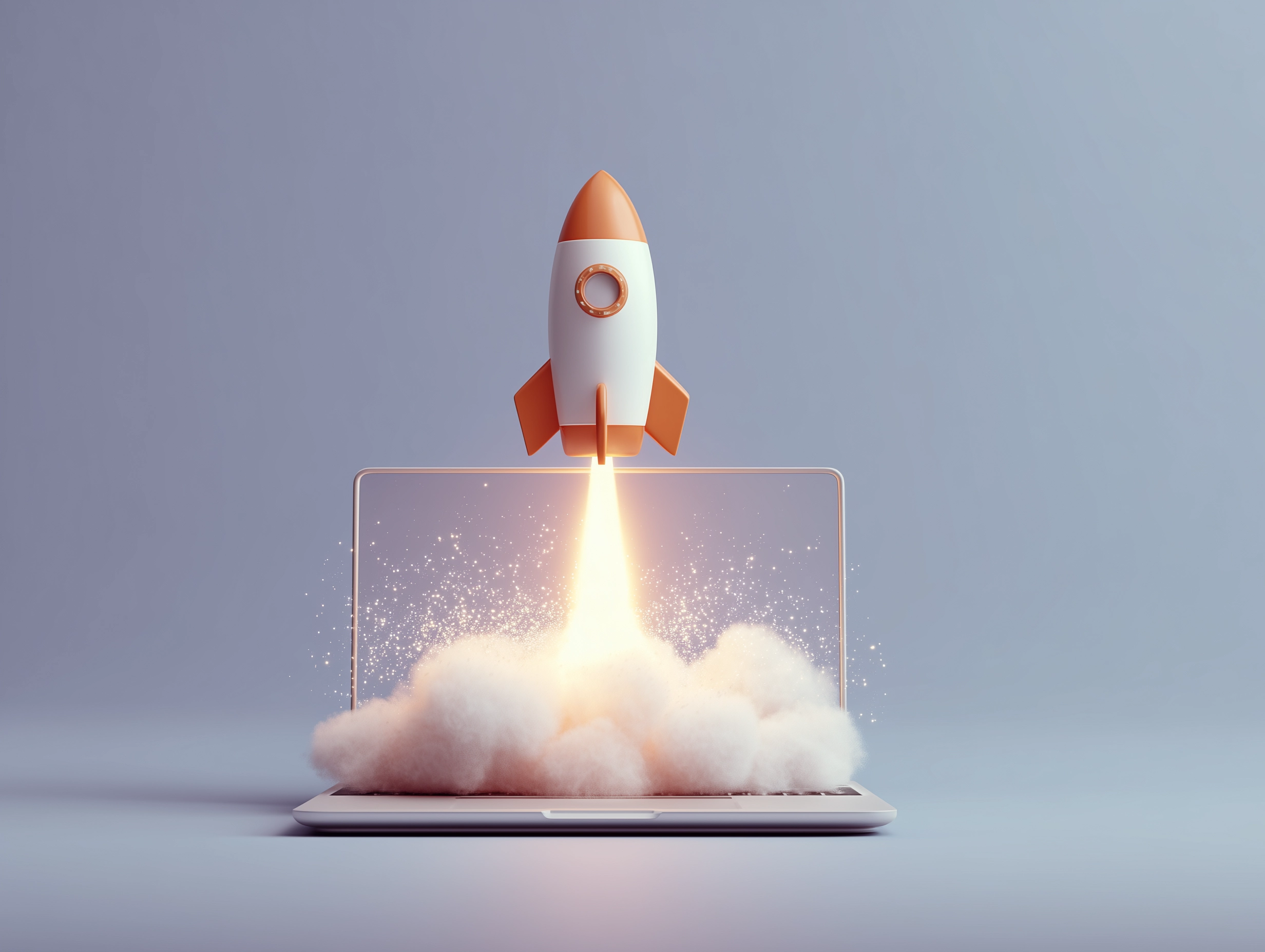 A rocket taking off from a laptop