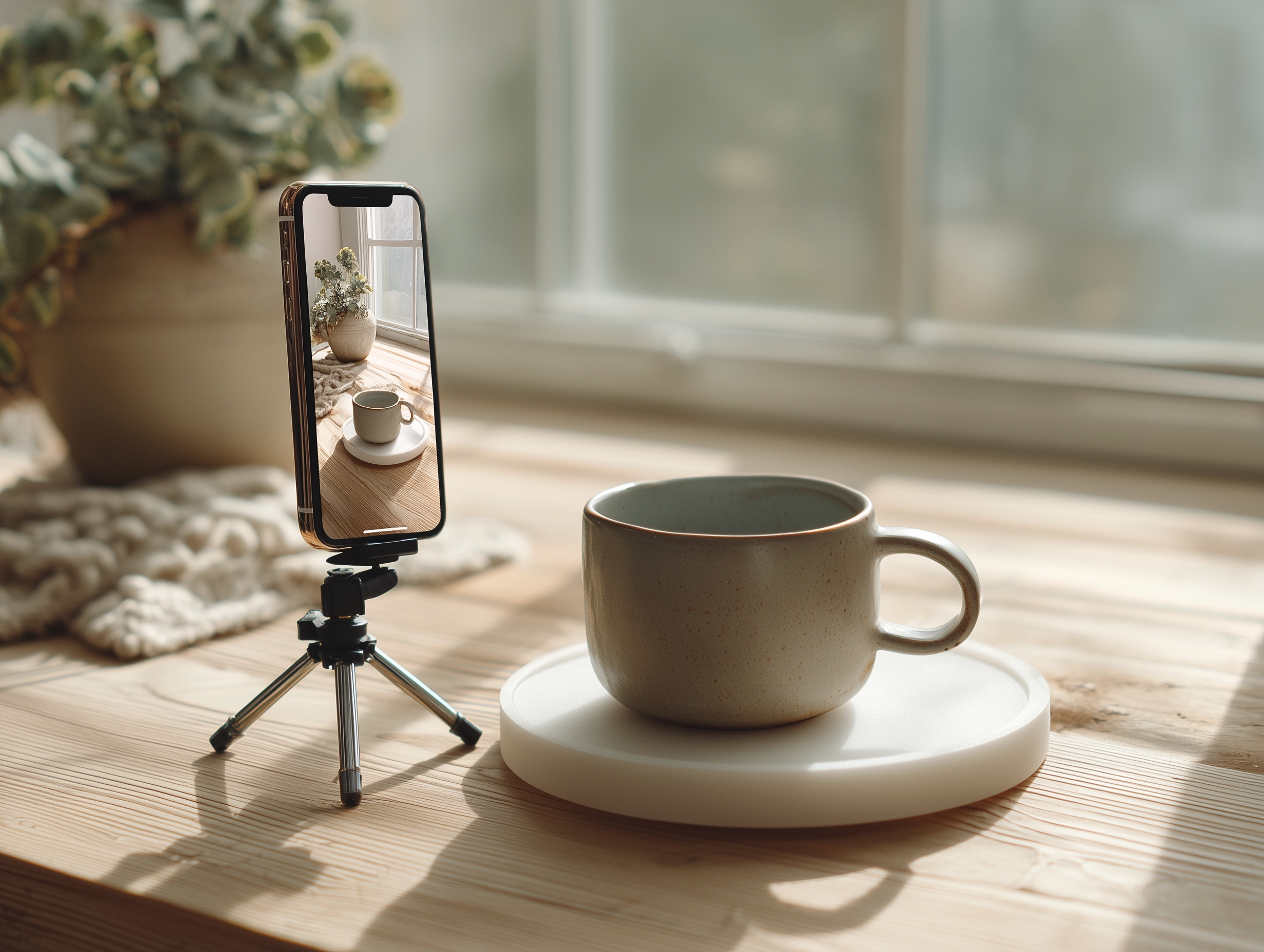 A simple product photography setup with natural lighting, a clean backdrop, and minimal equipment demonstrating professional results on a budget