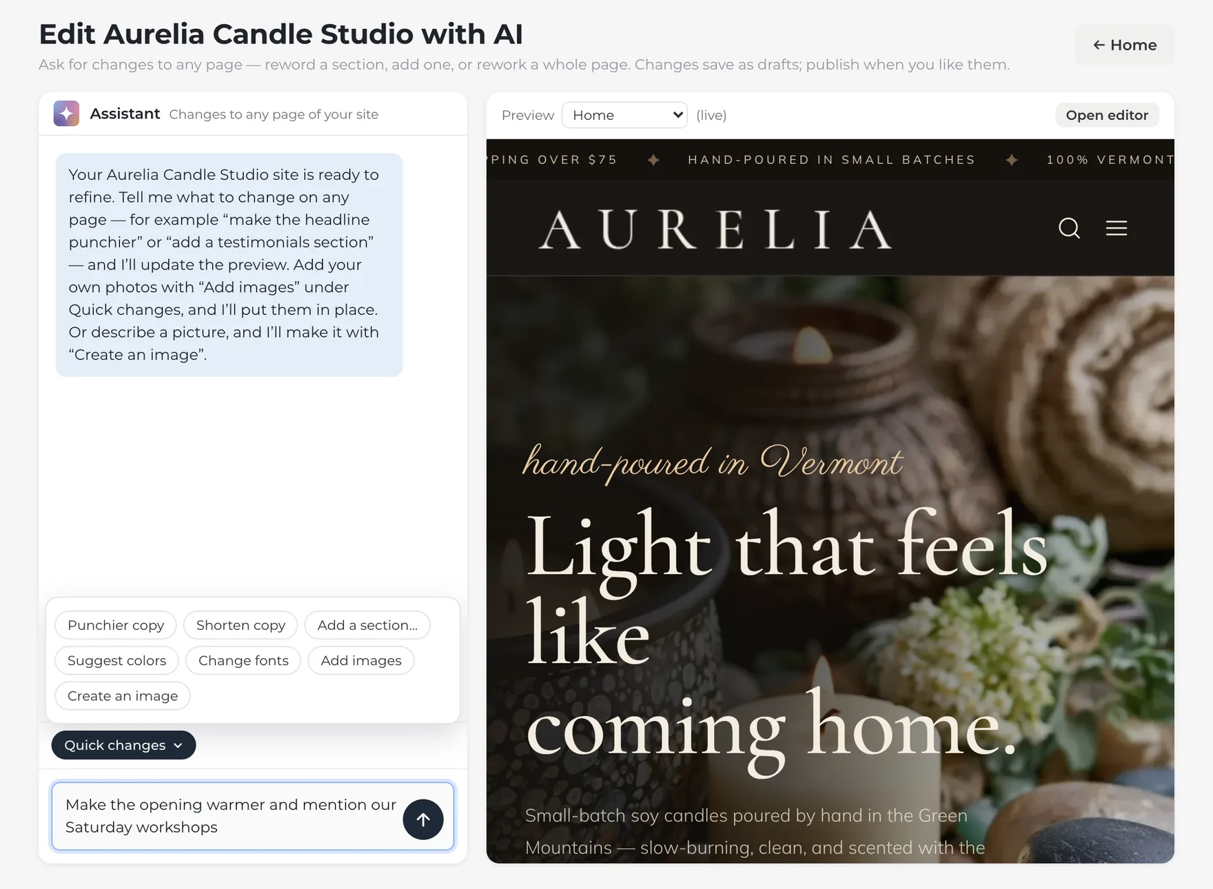 Edit Aurelia Candle Studio with AI: Quick changes open above the message box (Punchier copy, Shorten copy, Add a section, Suggest colors, Change fonts, Add images, Create an image), a request typed in plain English, and the home page previewing under its page menu.