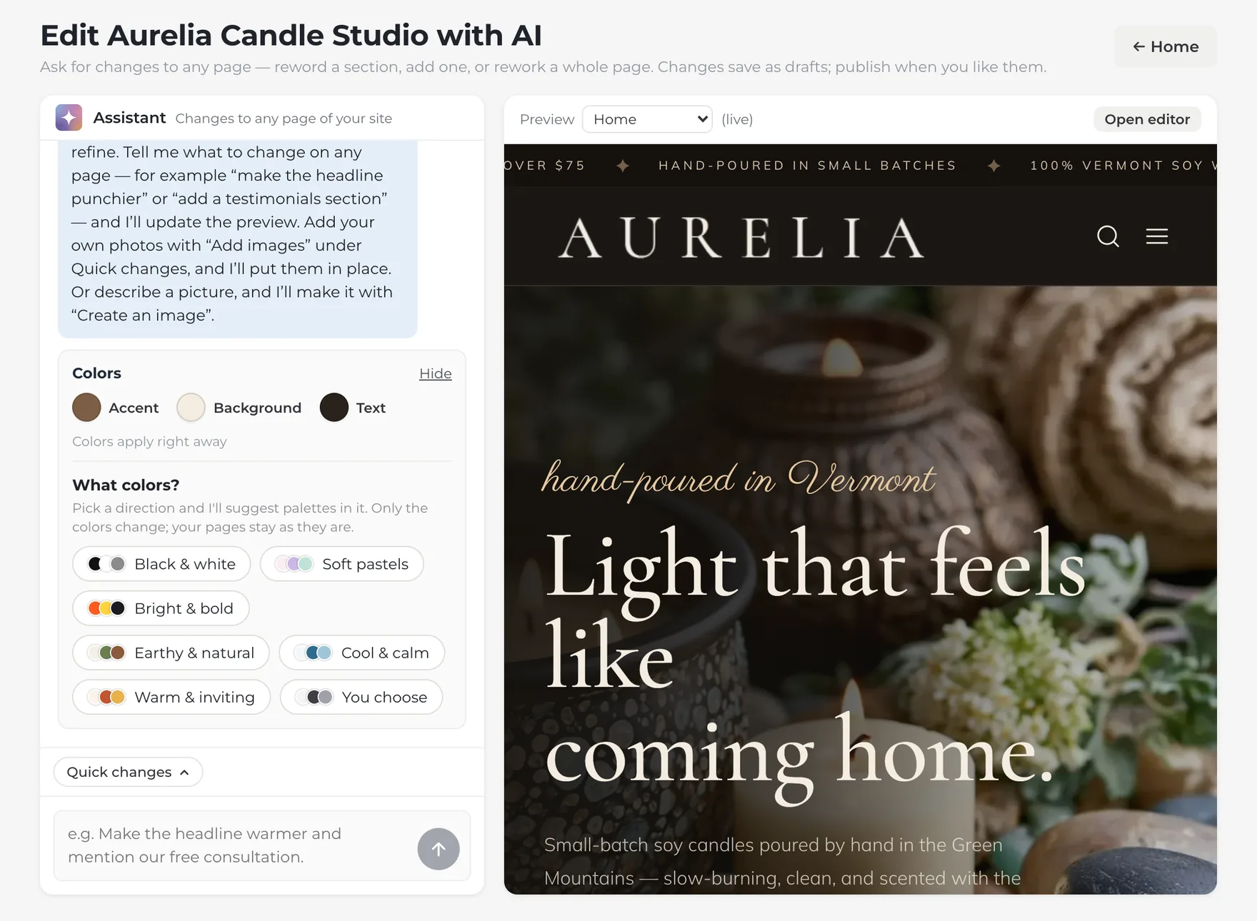 The colors card in the AI editor's chat: Accent, Background, and Text circles that apply right away, and a What colors? list of directions, from Black & white to Warm & inviting, beside the site's preview.