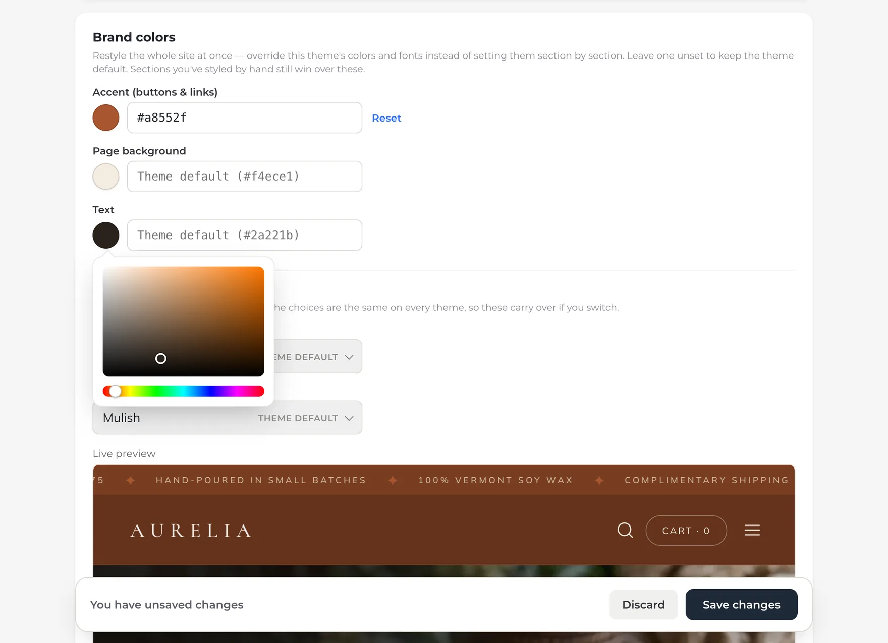 The Brand colors card on Brand & SEO: the accent changed to #a8552f with a Reset link beside it, the background and text rows still on their theme defaults, the color picker open under the Text swatch, and the live preview below re-tinted in the new accent.