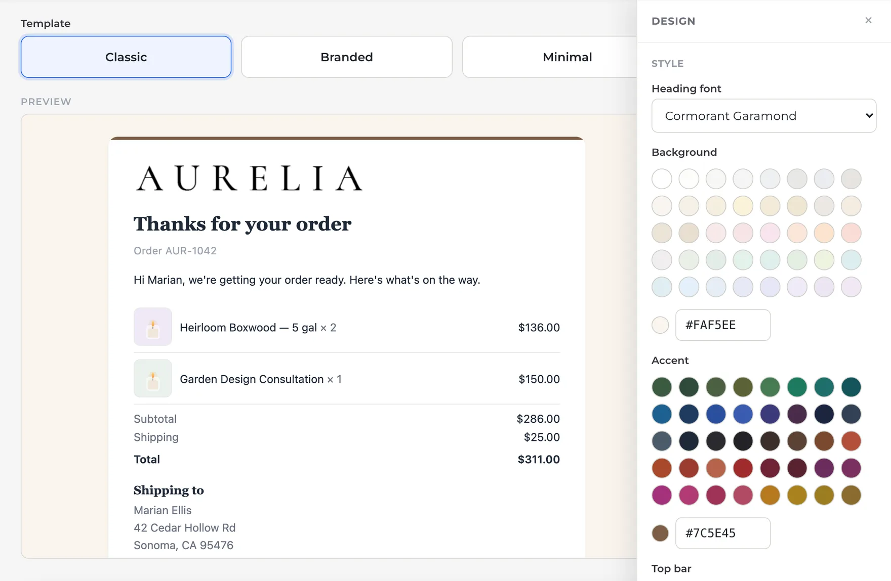 Email notifications with the Design panel open: Cormorant Garamond as the heading font, the background set to #FAF5EE and the accent to #7C5E45, beside a preview of the Classic order confirmation with the Aurelia logo and a brown top bar.