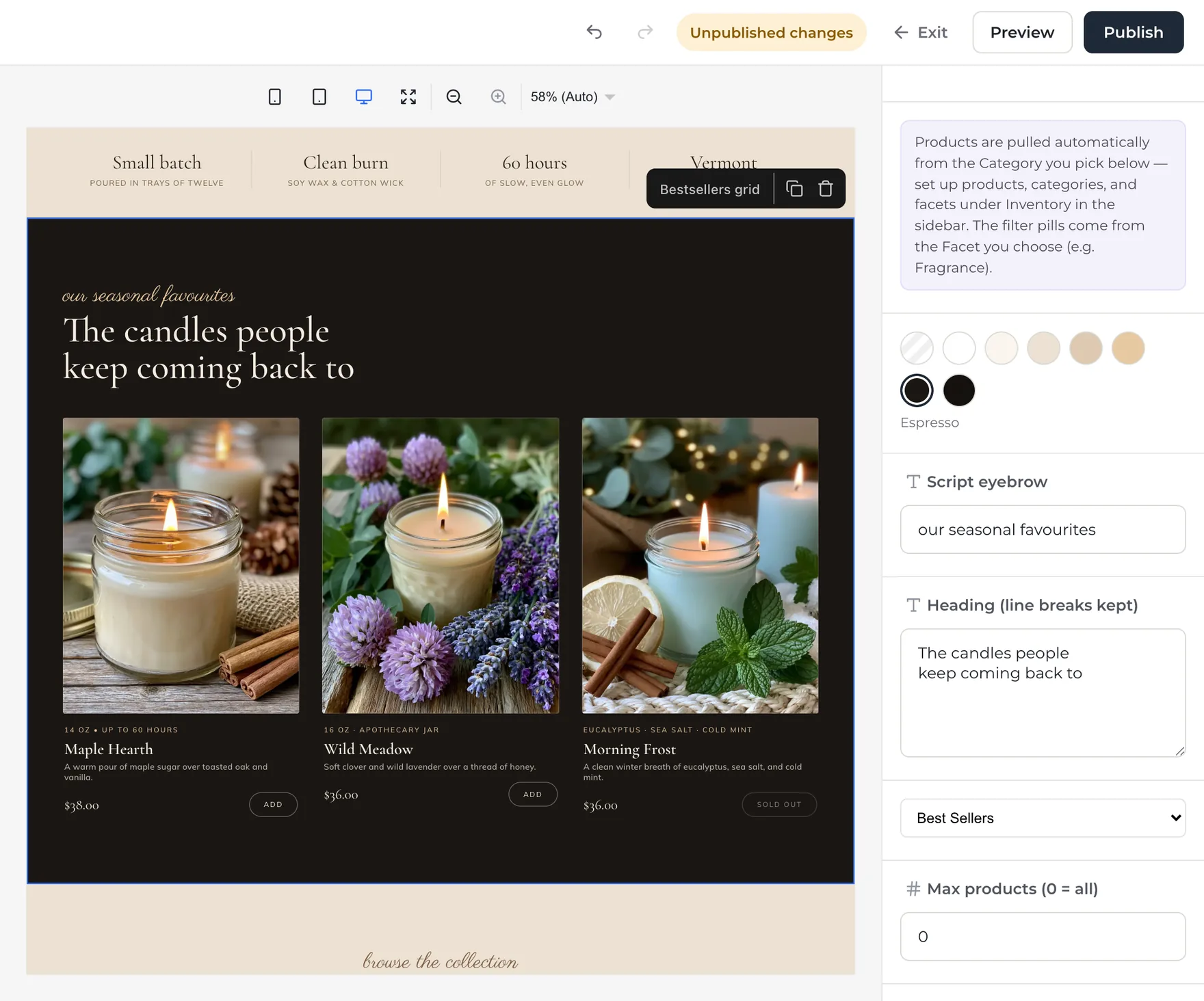 The editor with the Bestsellers grid selected and set to the Espresso swatch, a dark band between two sand-colored sections, and its fields panel showing the row of swatches that starts with the striped theme-default one.