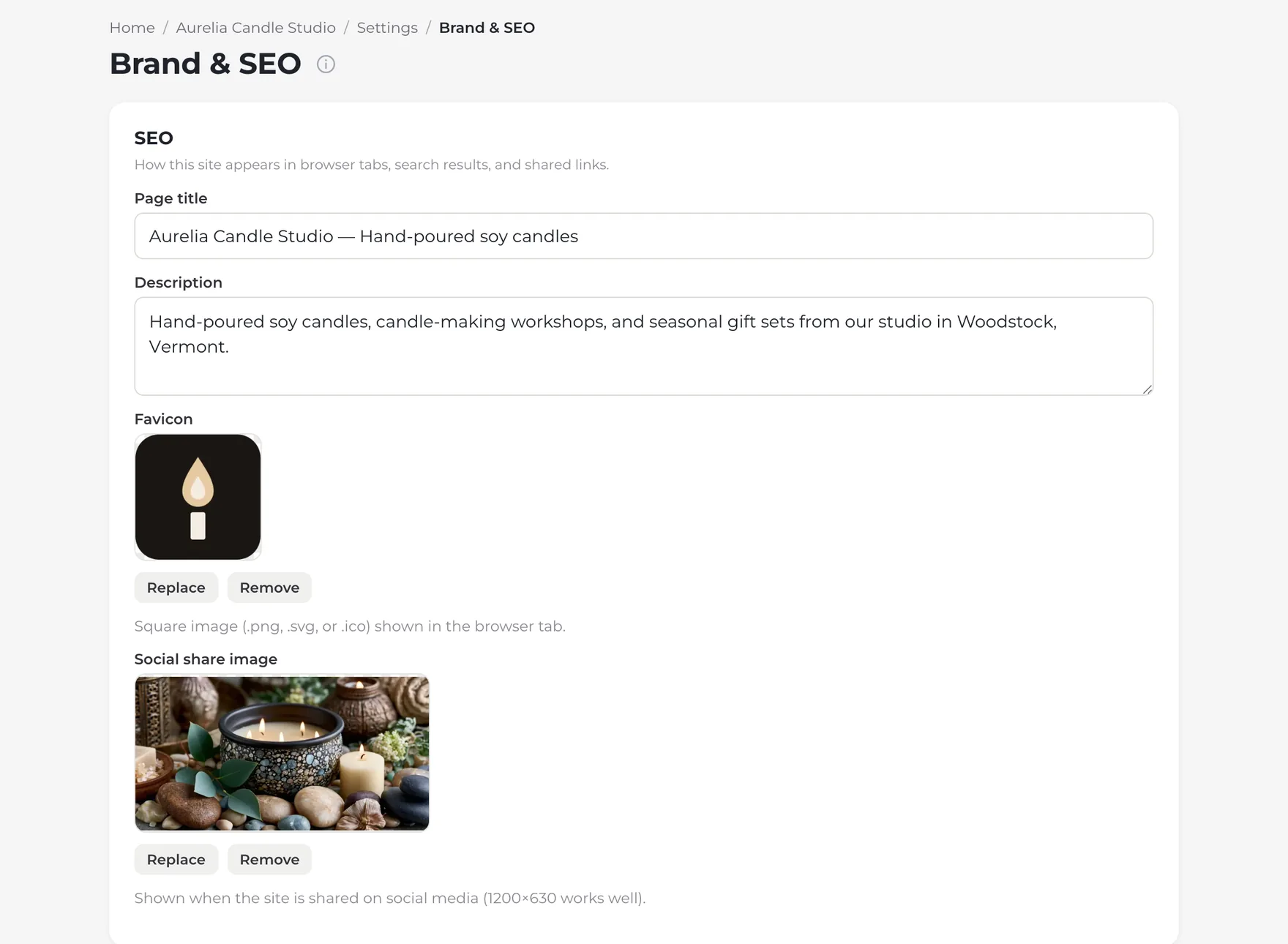 The SEO card on Brand & SEO, filled in: a page title, a one-sentence description, a square candle favicon, and a 1200×630 photo of candles as the social share image.