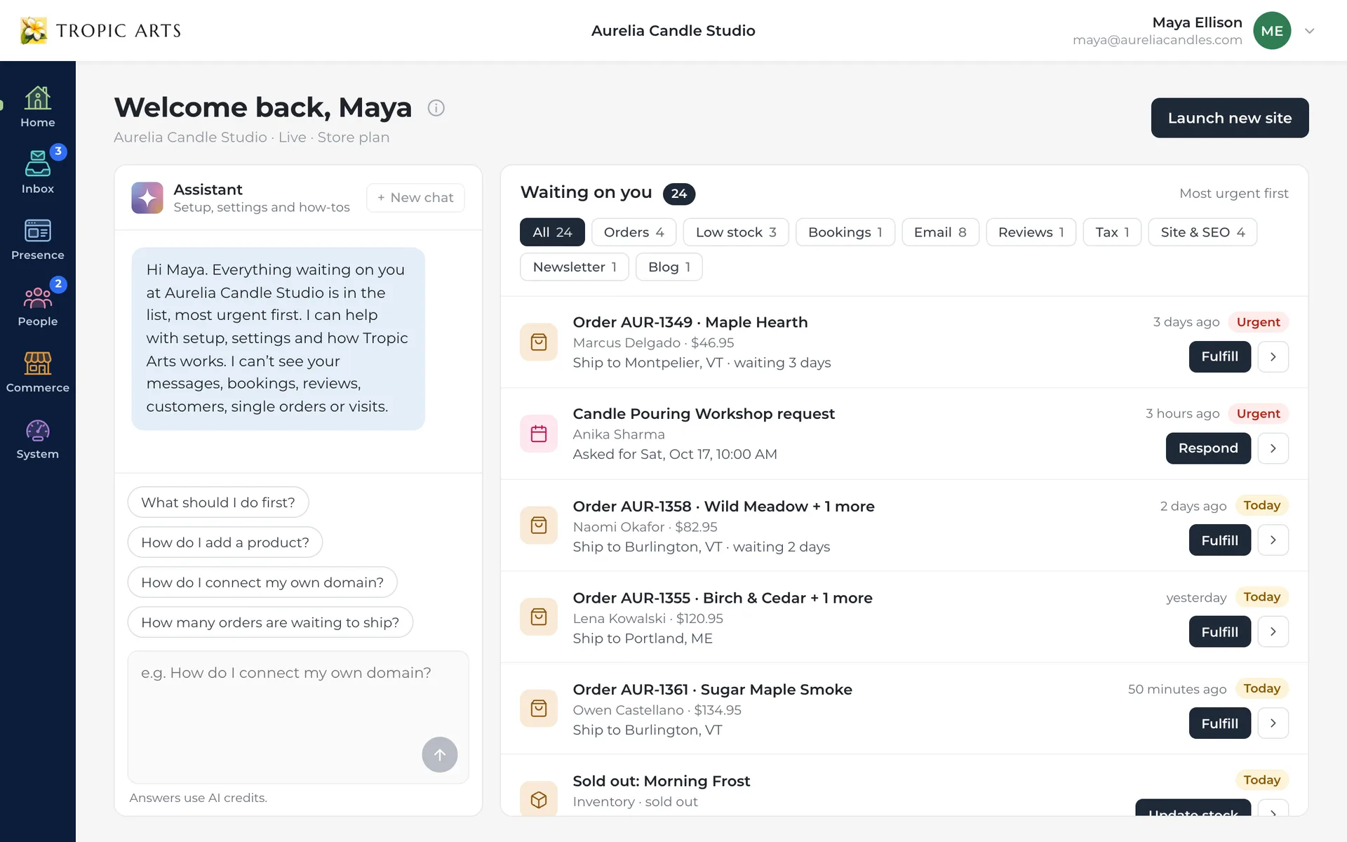 The console's Home: the assistant, ready for setup and how-to questions, beside the Waiting on you list, where an order that has waited three days and a workshop booking request are marked Urgent above three more orders to fulfill.