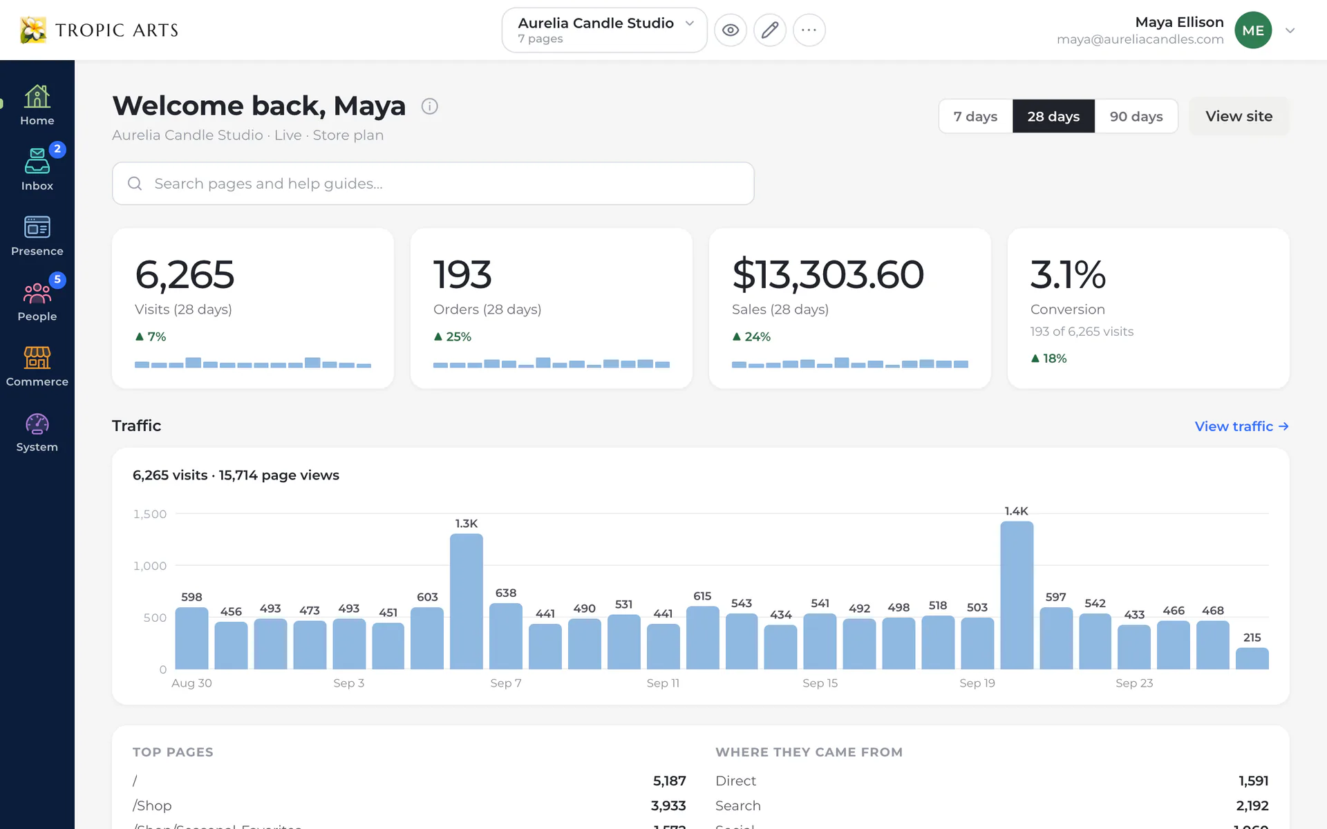 The console's Home dashboard: visits, orders, sales and conversion for the last 28 days above a daily traffic chart.