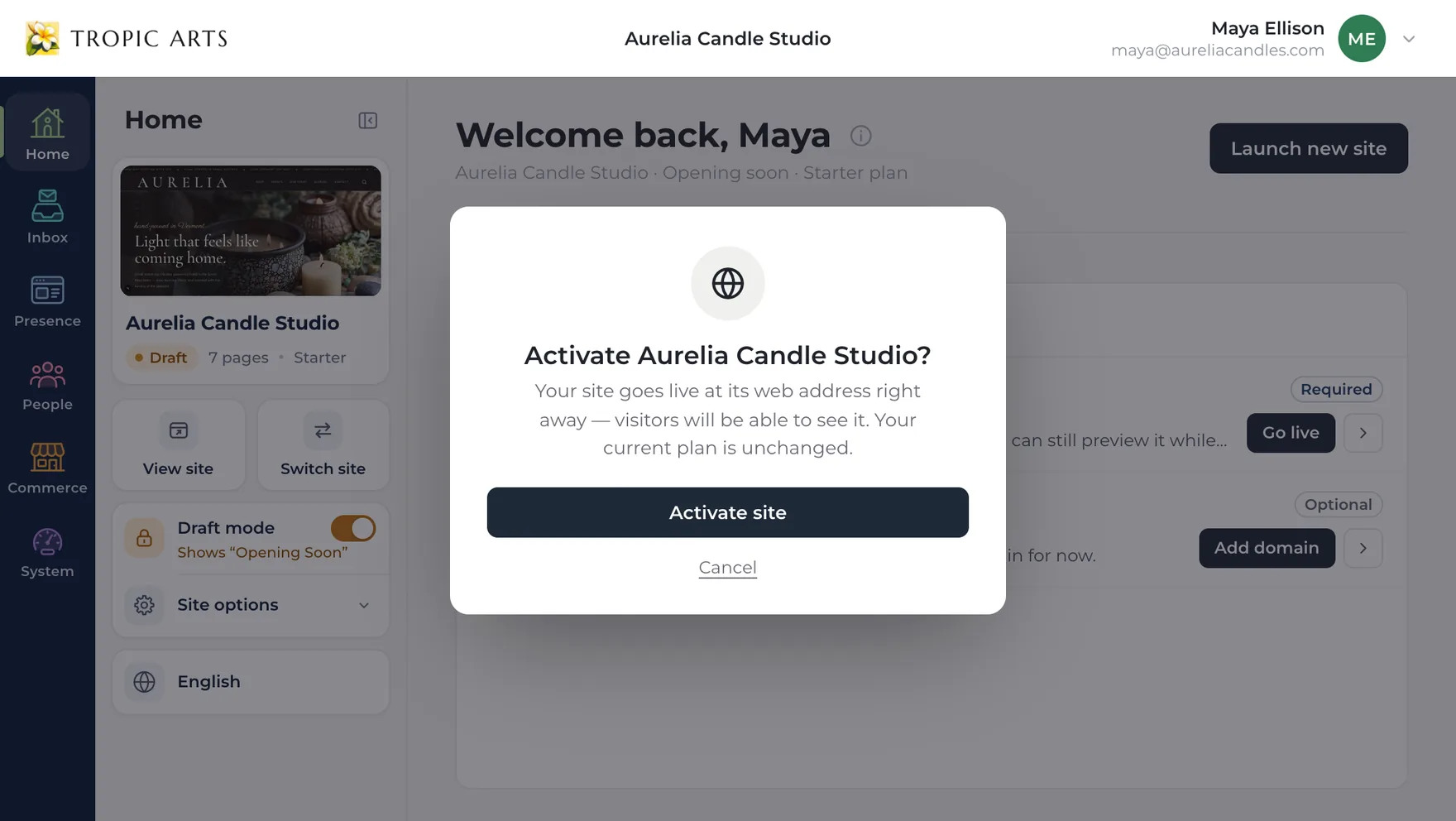 The confirmation that opens over Home when Draft mode is turned off: Activate Aurelia Candle Studio? Your site goes live at its web address right away, with an Activate site button and Cancel below.