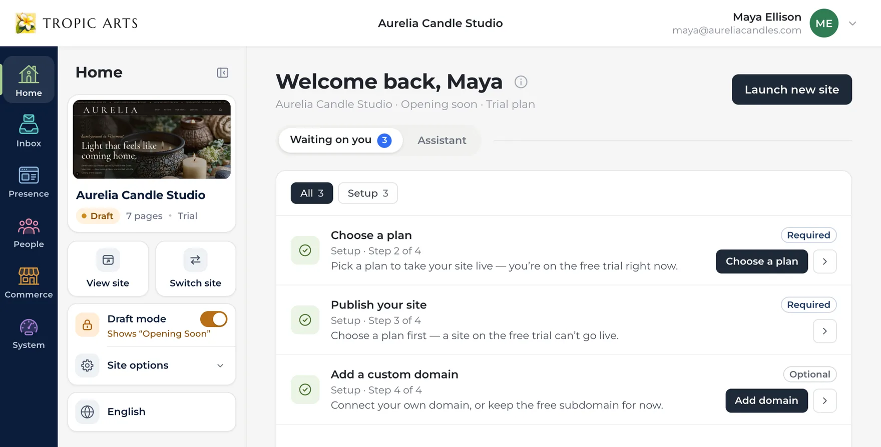 Home for Aurelia Candle Studio, a draft on the free trial. The Home panel shows a Draft badge, View site and Switch site, and the Draft mode switch turned on, showing Opening Soon. Beside it, Waiting on you lists three setup steps: Choose a plan and Publish your site, both Required, and Add a custom domain, Optional.