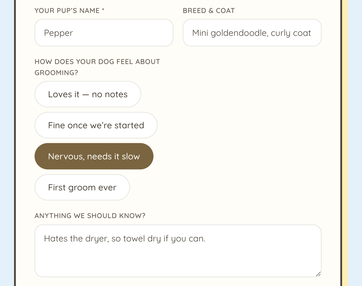 The same booking form's questions about the dog: the pup's name, the breed and coat, how the dog feels about grooming answered with one of four buttons, and a note about the dryer.