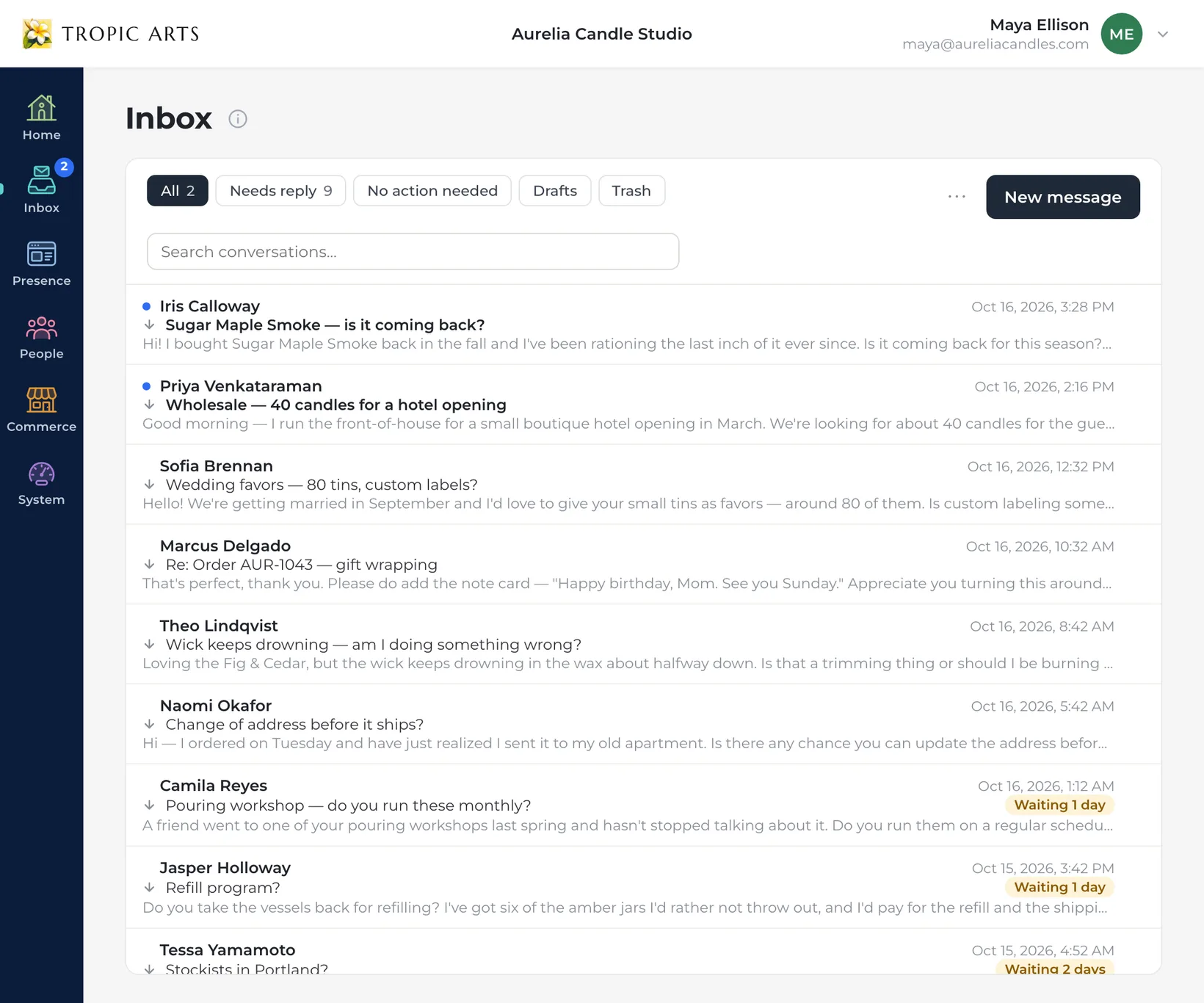 A candle studio's inbox in the console: filter chips for All, Needs reply, No action needed, Drafts and Trash above a list of customer emails, among them a question about a seasonal scent, a wholesale order for a hotel opening, wedding favors and a gift-wrapping follow-up.
