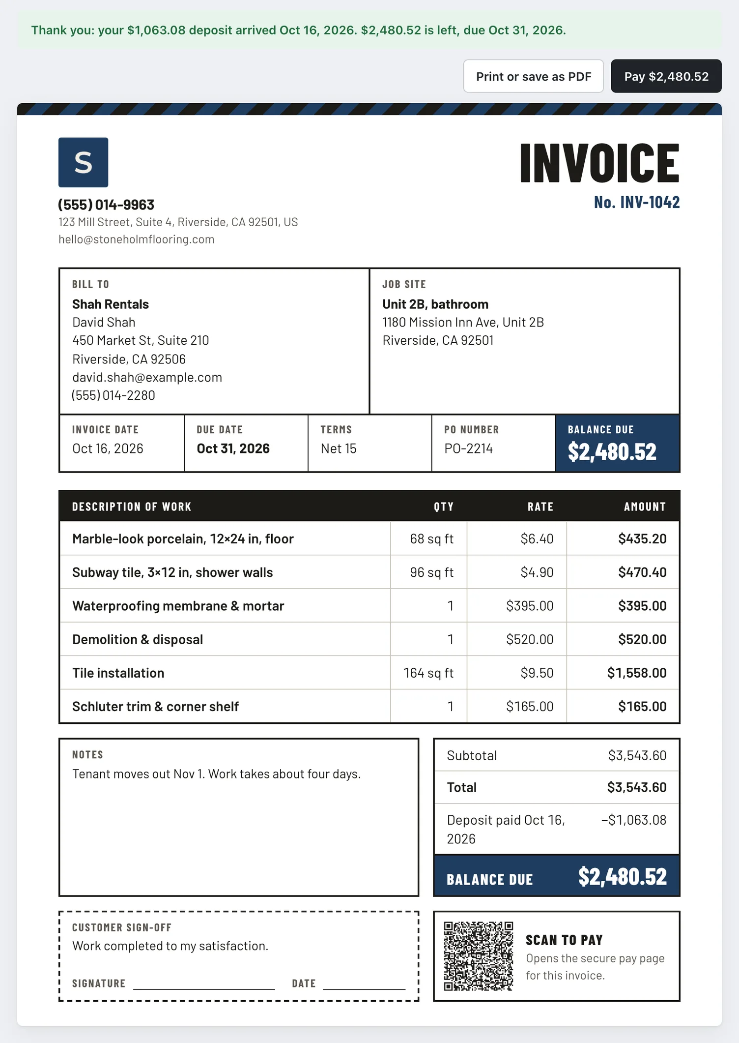 The customer's invoice page in the Jobsite look: a thank-you for the $1,063.08 deposit with $2,480.52 left, due October 31, Print or save as PDF and Pay $2,480.52 buttons, the billing address and job site side by side, PO number PO-2214, the tile and labor lines, the deposit taken off the total, a sign-off line and a scan-to-pay code.