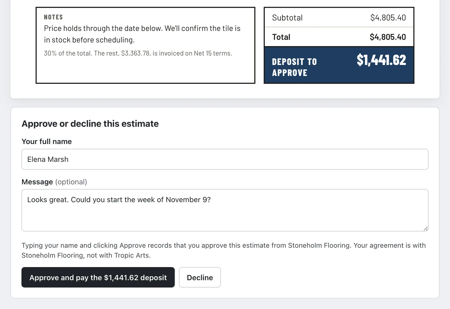 The customer's view of the estimate on Stoneholm Flooring's site: the totals with a $1,441.62 deposit to approve, then the answer box with Elena Marsh typed as the full name, a message asking to start the week of November 9, the line saying the agreement is with Stoneholm Flooring, and Approve and pay the $1,441.62 deposit beside Decline.