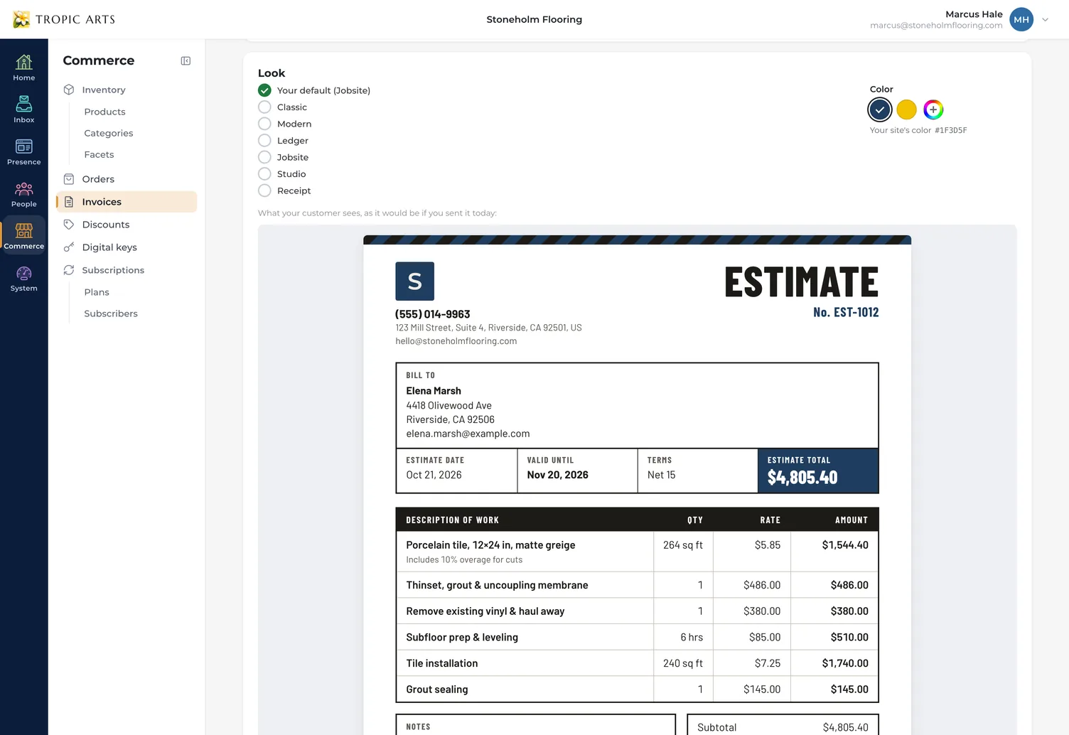 The Look card with Jobsite chosen and three color swatches, above a live preview of the estimate in the Jobsite look: Stoneholm Flooring's logo, phone and address, Elena Marsh as the customer, valid until November 20, 2026, an estimate total of $4,805.40, and its tile, labor and prep lines.
