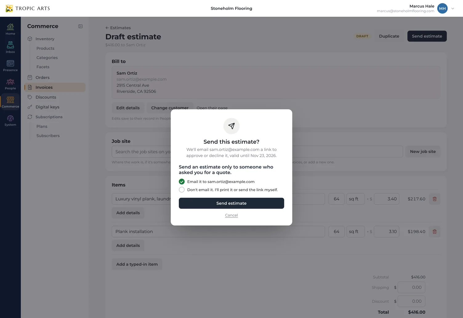 The Send this estimate? confirmation over a draft estimate: it will email sam.ortiz@example.com a link to approve or decline it, valid until November 23, 2026, with the reminder to send an estimate only to someone who asked for a quote, and a choice between emailing it and sharing the link yourself.