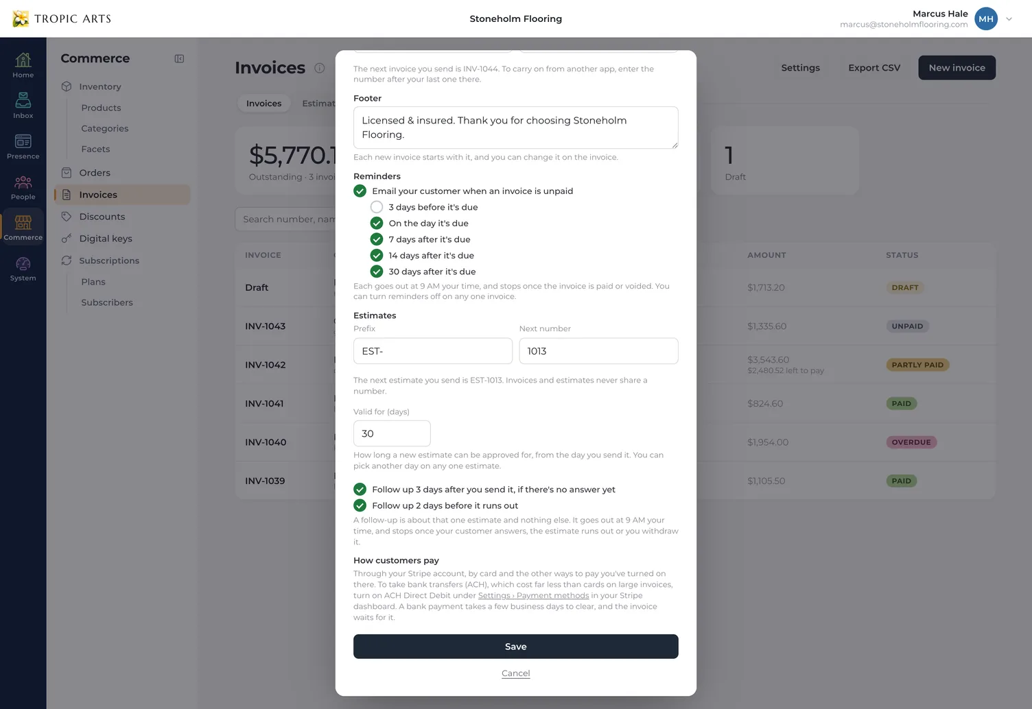 The Estimates part of the settings dialog: estimate numbers starting EST- with 1013 next, valid for 30 days, follow-ups three days after sending and two days before an estimate runs out both switched on, and how customers pay through Stripe.