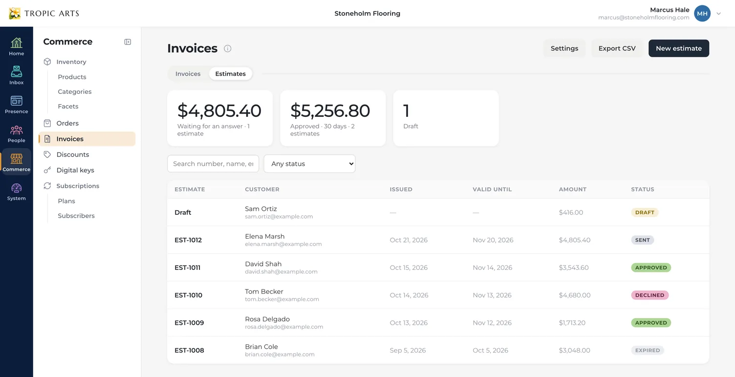 The Estimates tab of Commerce › Invoices for a flooring company, Stoneholm Flooring: $4,805.40 waiting for an answer, $5,256.80 approved in the last 30 days and one draft, above a list of estimates EST-1008 to EST-1012 and the draft, each with its customer, the day it was sent, the last day it can be approved, its amount and its status: sent, approved, declined or expired.