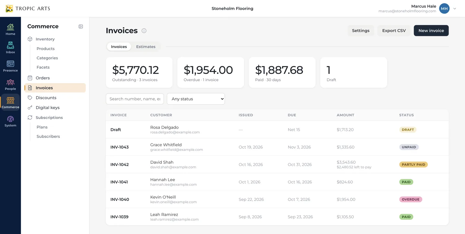 The Invoices tab for Stoneholm Flooring: $5,770.12 outstanding across three invoices, $1,954.00 overdue, $1,887.68 paid in the last 30 days and one draft, above INV-1039 to INV-1043 — paid, overdue, partly paid with $2,480.52 left, and unpaid — and a draft made from an approved estimate.
