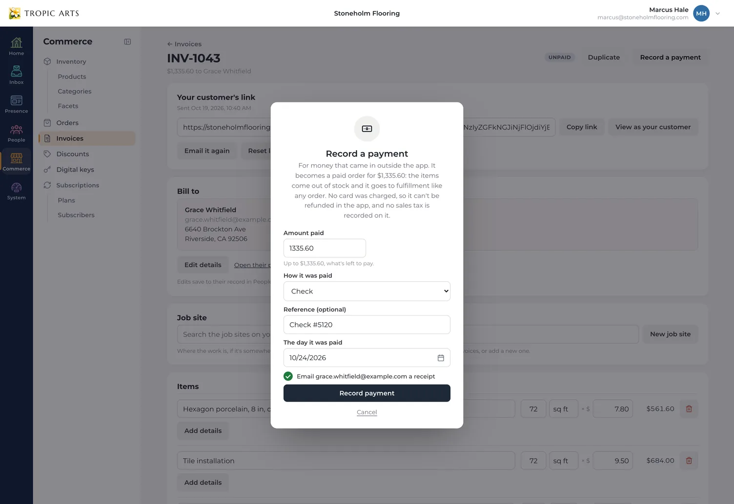 The Record a payment dialog over an unpaid invoice: $1,335.60 paid by check, reference Check #5120, on October 24, 2026, with the box to email the customer a receipt ticked.