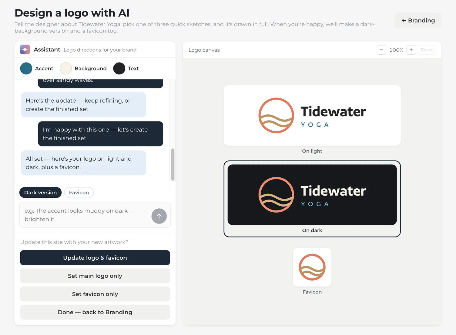 The finished set on the canvas: the Tidewater Yoga logo with its coral ring and sandy waves on light, the same logo on a dark card, and a square favicon of the ring and waves, beside the Dark version and Favicon buttons and the buttons that update the site's logo and favicon together, set just one of them, or go back to Branding.