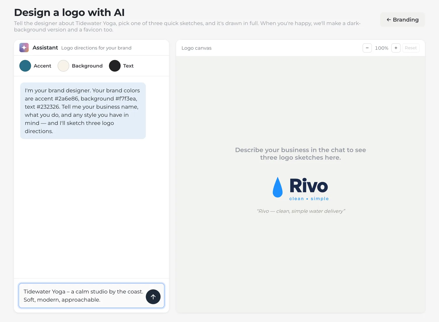 Design a logo with AI for Tidewater Yoga: the designer's greeting naming the site's brand colors, the Accent, Background, and Text circles above the chat, a brief typed into the message box, and the empty logo canvas waiting for sketches.