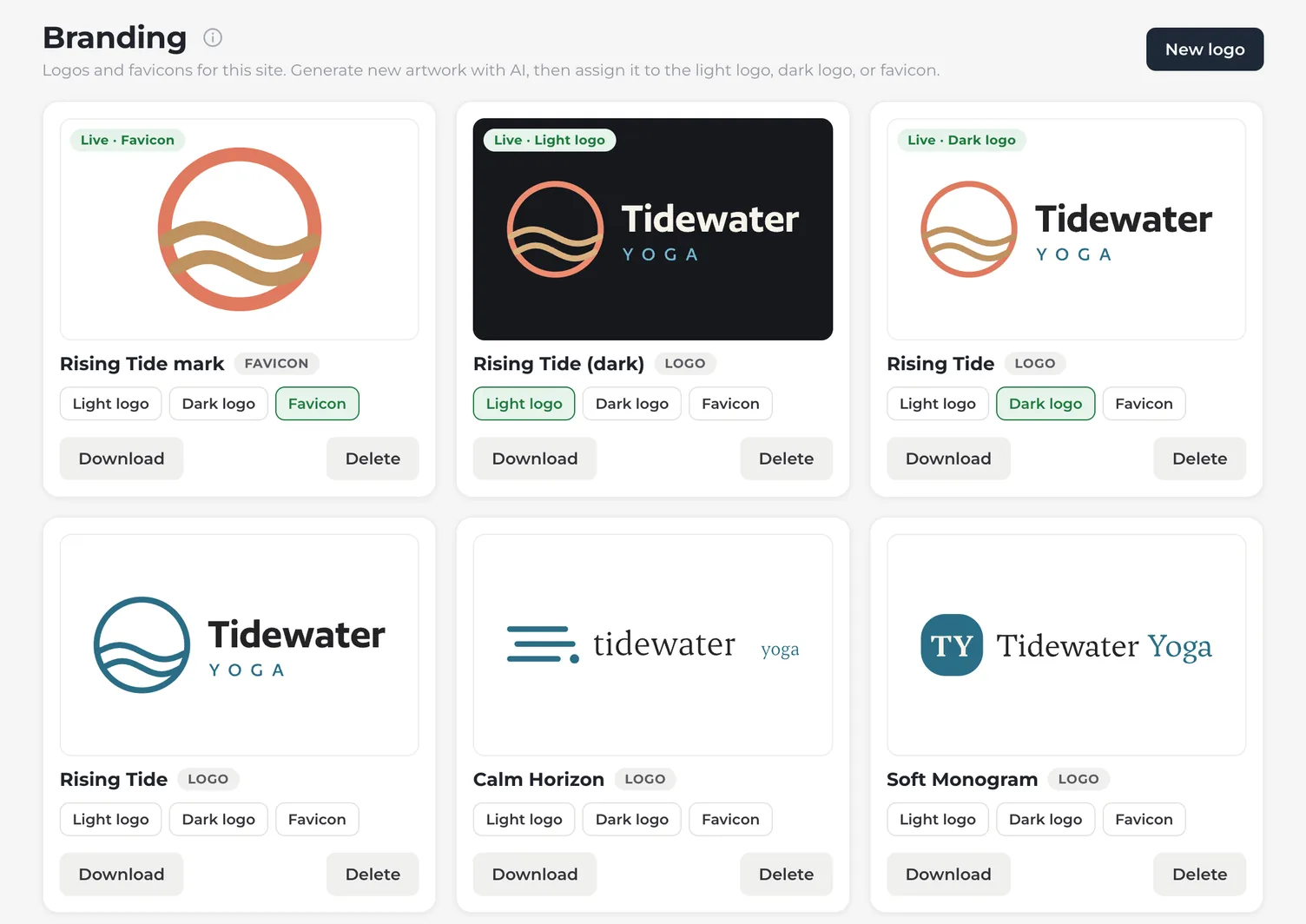 The Branding page with the New logo button at the top right and a gallery of Tidewater Yoga artwork: the coral favicon, the pale logo on dark, and the dark logo on light, each marked Live with its slot highlighted, then the teal version drawn in full and the other two sketches. Each card has Light logo, Dark logo, and Favicon buttons, and Download and Delete.