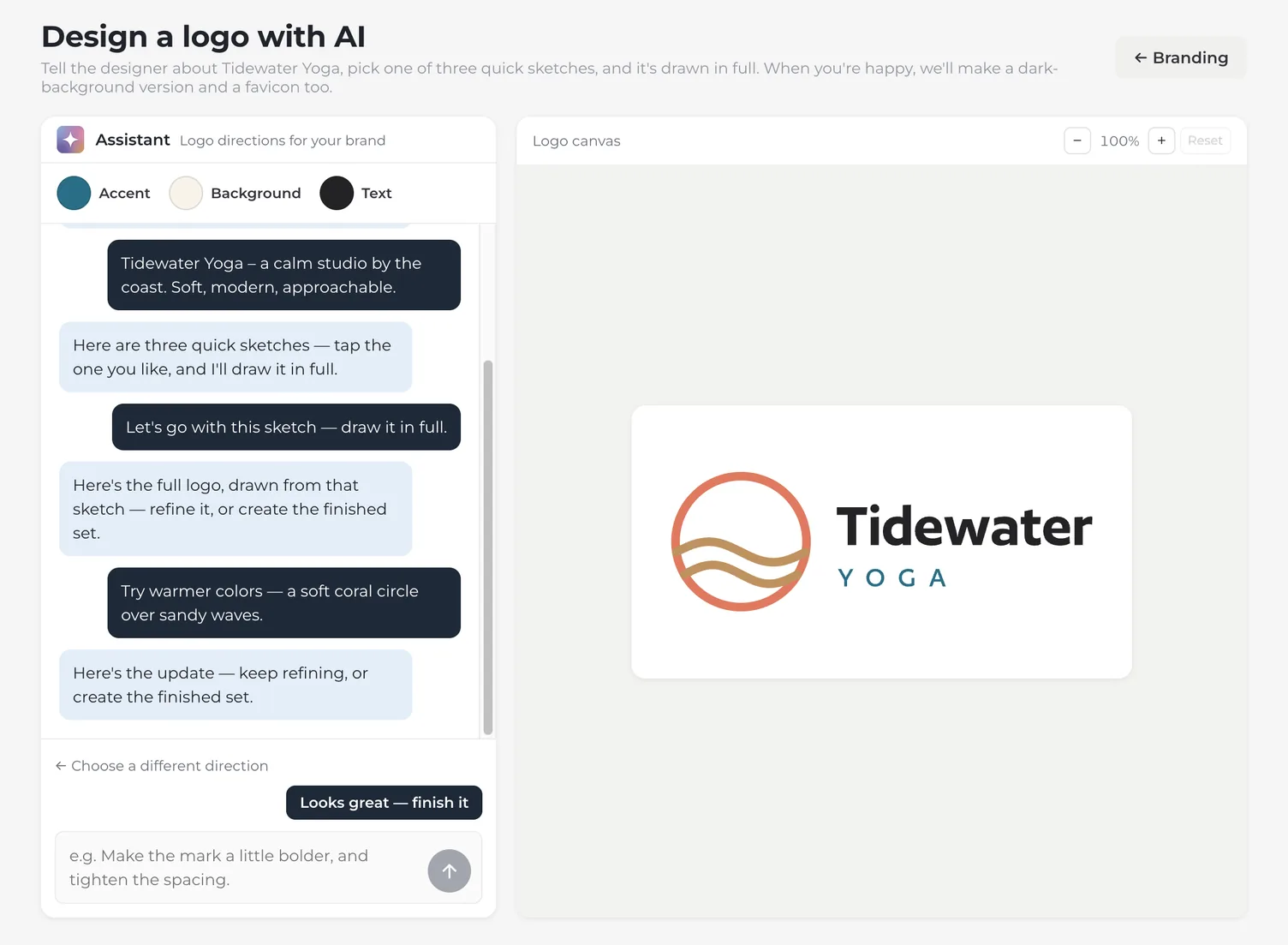 A logo refined by conversation: the picked sketch has been drawn in full, the owner has asked for warmer colors, a soft coral circle over sandy waves, and the designer has replied with the update. The logo on the canvas now has a coral ring around sand-colored waves, above a box for the next request and a Looks great, finish it button.