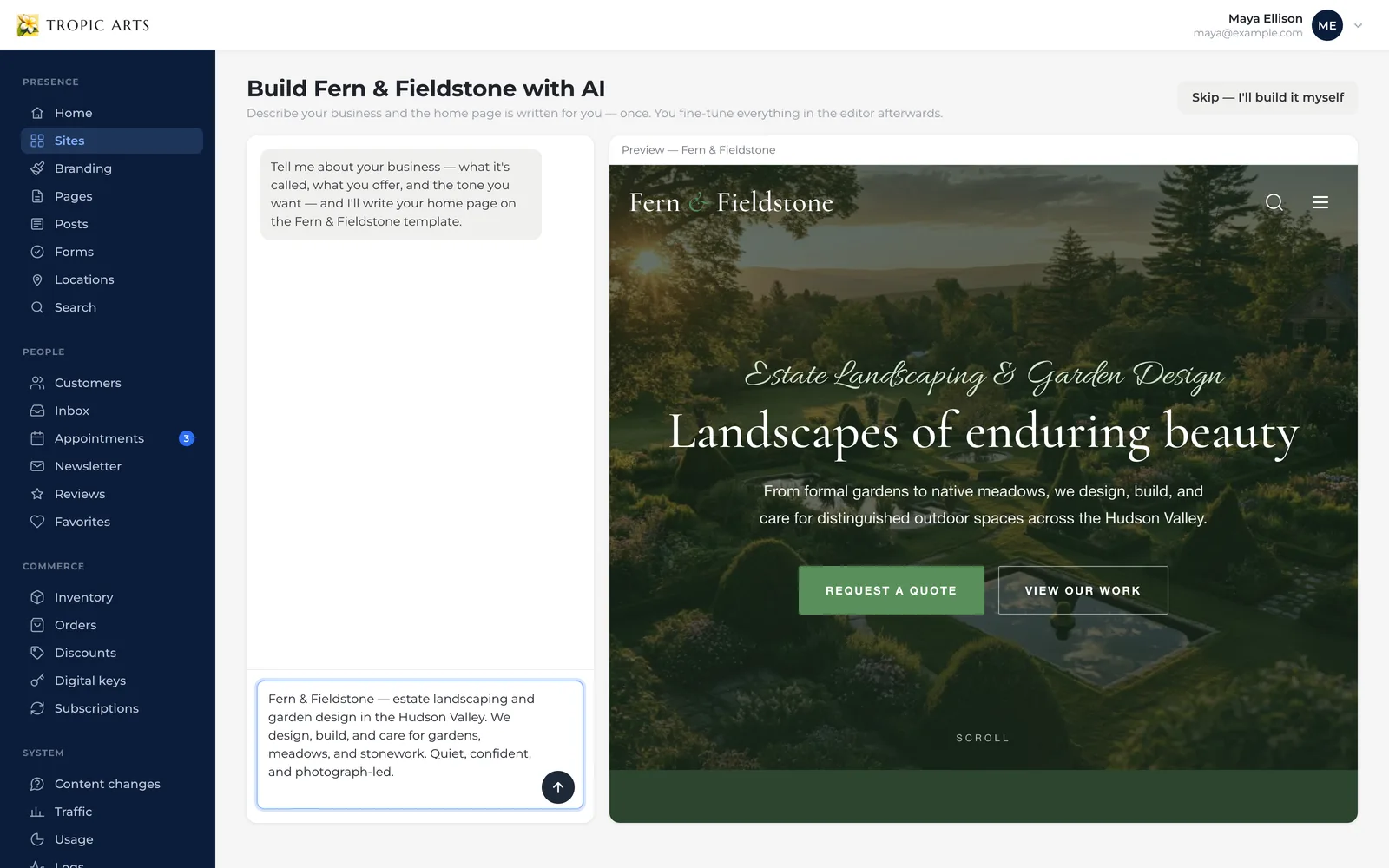 The Tropic Arts AI website builder: the assistant asks about the business, a description of Fern & Fieldstone is typed in, and a live preview of the landscaping template sits alongside