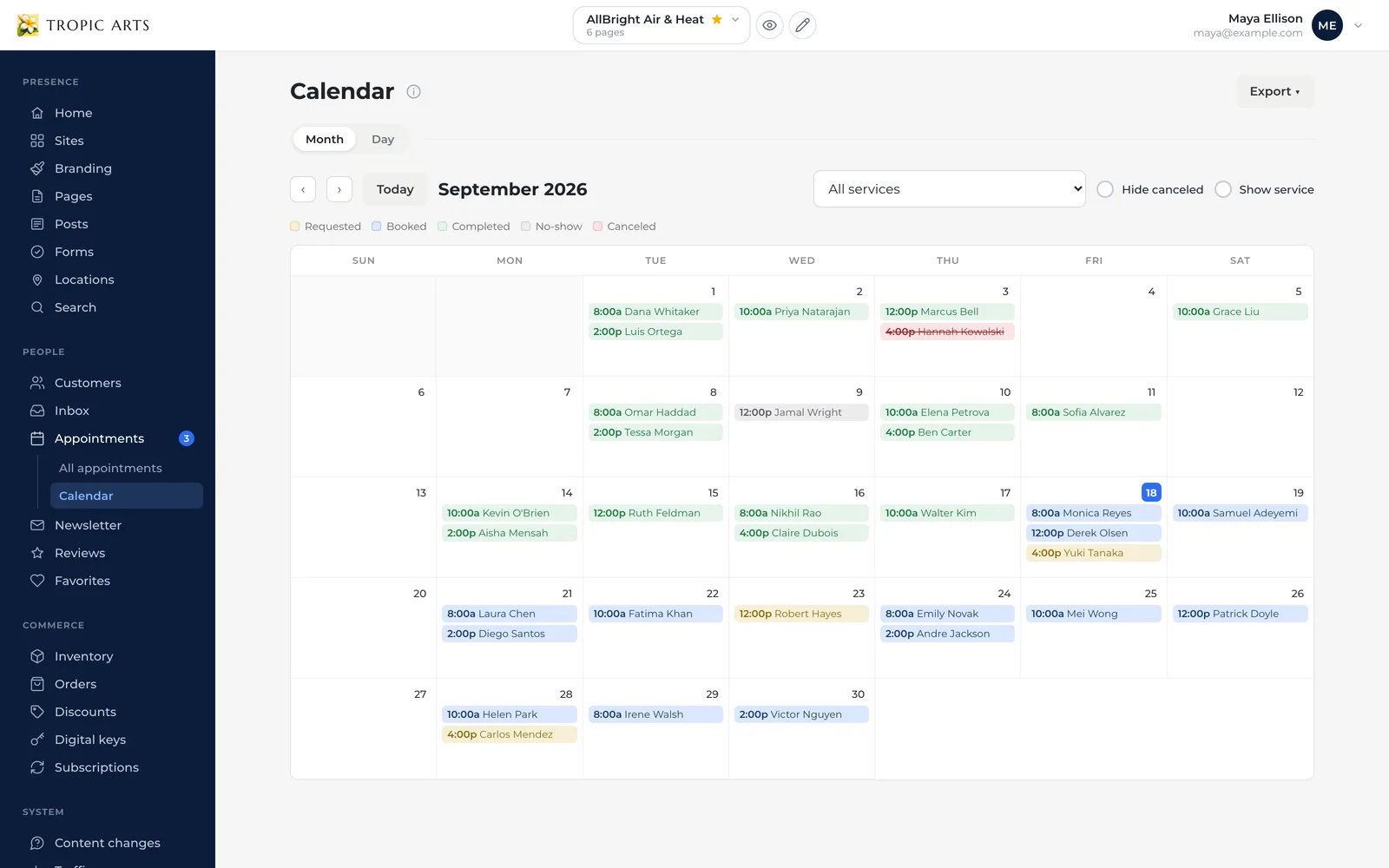 The Tropic Arts appointments calendar for AllBright Air & Heat, a month of service visits color-coded as requested, booked, completed, no-show, or canceled