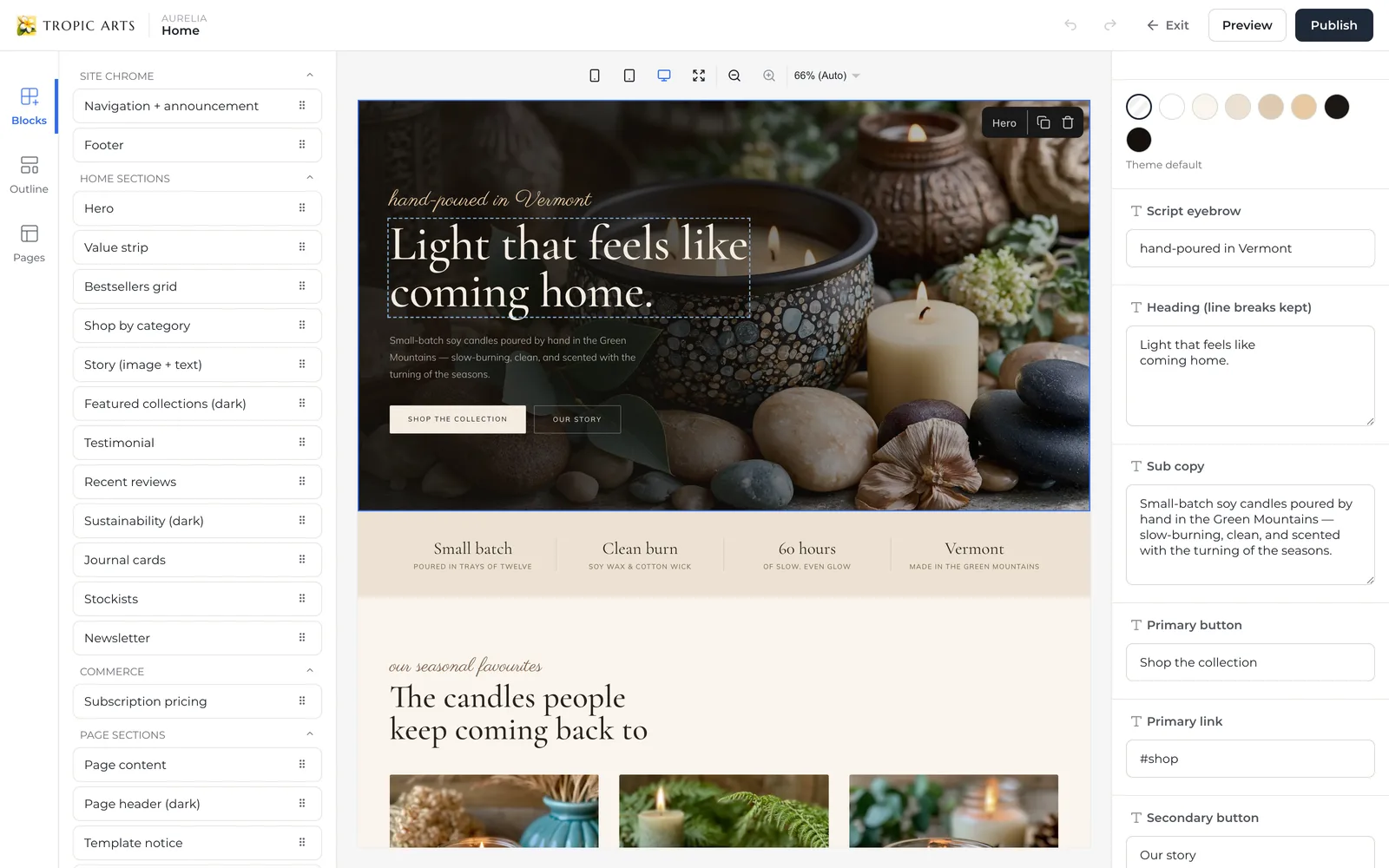 The Tropic Arts visual editor open on the Aurelia Candle Studio home page, with the hero section selected and its text fields open in the right-hand panel