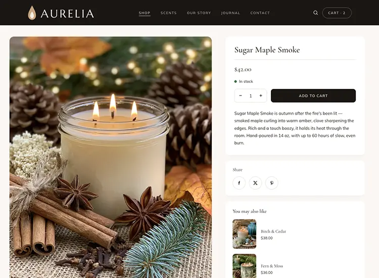 A product page on a storefront — a large photo beside the price, stock status, quantity picker, and add-to-cart button.