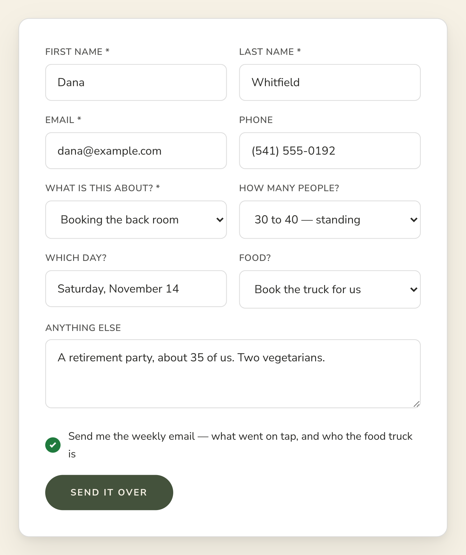 A brewery's back-room request form filled in: name, email and phone, Booking the back room, 30 to 40 standing, Saturday, November 14, Book the truck for us, a note about a retirement party for about 35, and the weekly email box ticked.