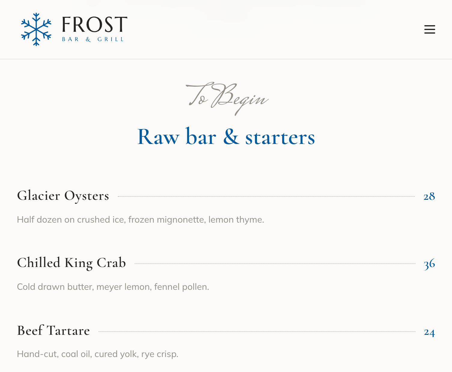 A grill's menu page on its own website: a script “To Begin” over the heading Raw bar & starters, then Glacier Oysters at 28, Chilled King Crab at 36 and Beef Tartare at 24, each with a one-line description.