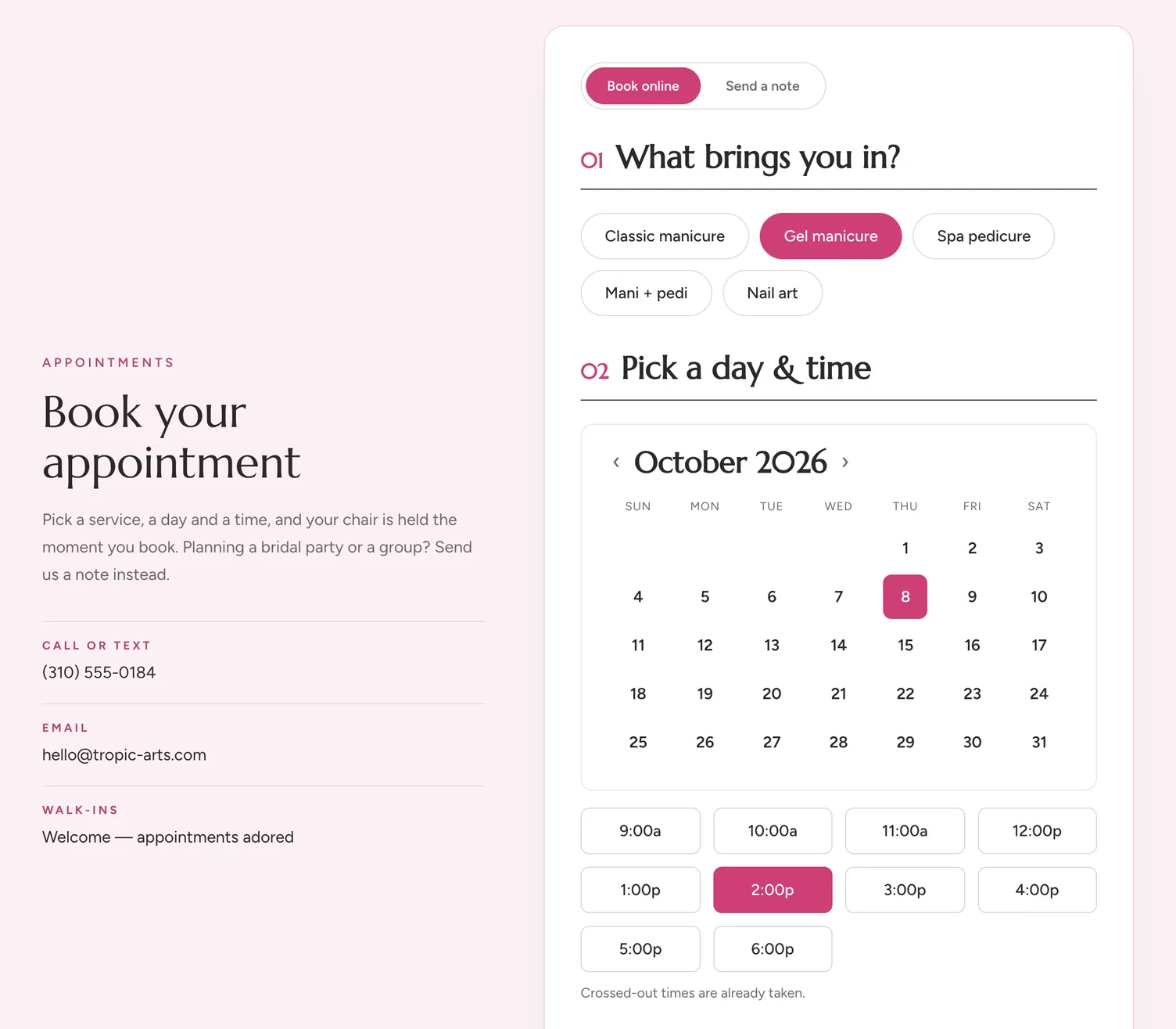A nail studio's booking form on its own website: five services as buttons with Gel manicure picked, an October calendar with the 8th chosen, and open times from 9:00 a.m. to 6:00 p.m. with 2:00 p.m. selected.