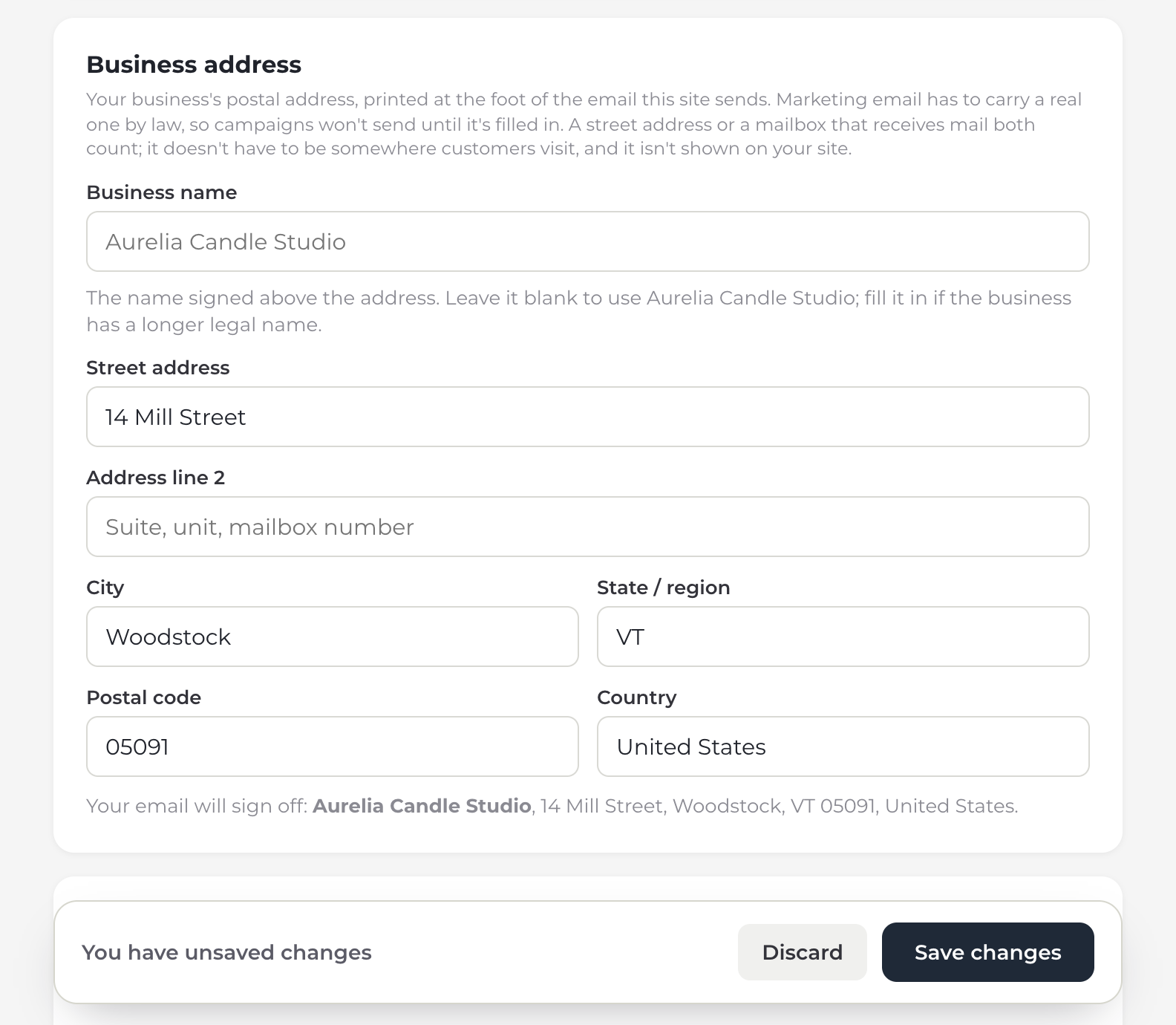The General settings page with an address typed into the Business address card, and the bar at the foot of the page reading You have unsaved changes, with Discard and Save changes buttons.