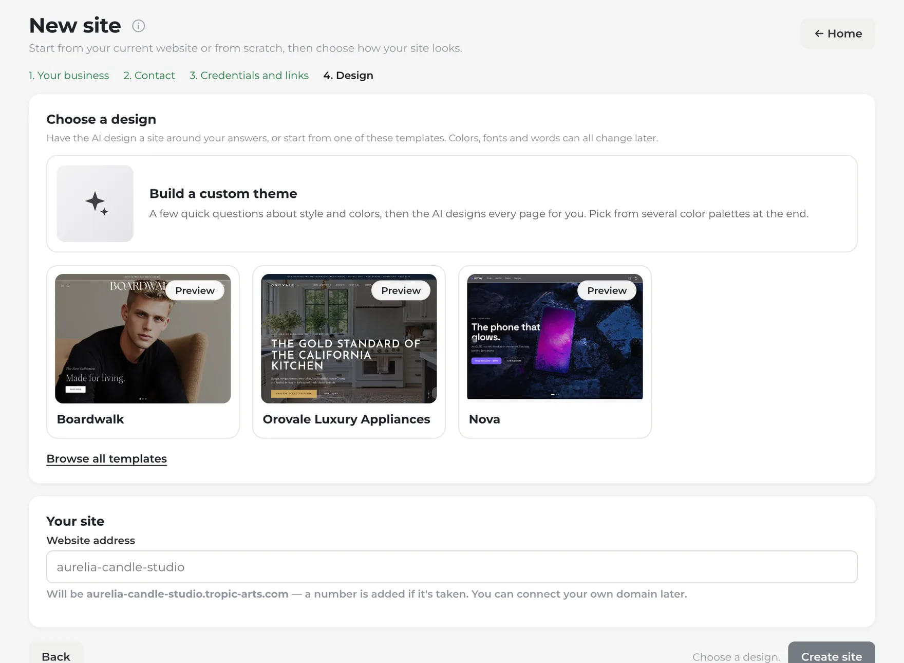 New site at step 4, Choose a design, for Aurelia Candle Studio: Build a custom theme, three suggested templates (Boardwalk, Orovale Luxury Appliances, and Nova) each with a Preview button, Browse all templates, and the website address the site will use, above Back and Create site.