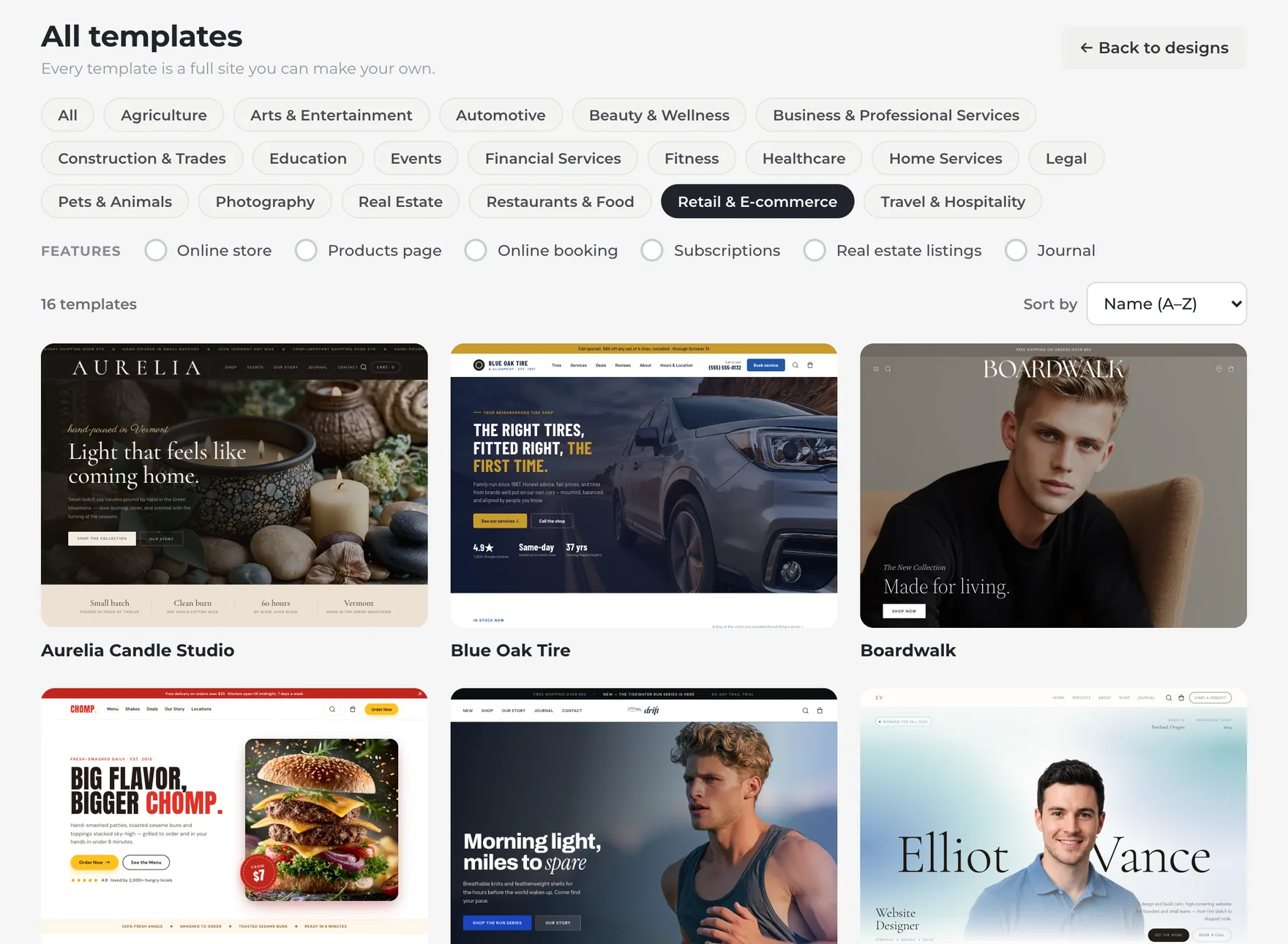 All templates, filtered to Retail & E-commerce: the industry chips with that one selected, the feature filters and sort below them, and a count of 16 templates above a grid of cards including Aurelia Candle Studio, Blue Oak Tire, and Boardwalk.